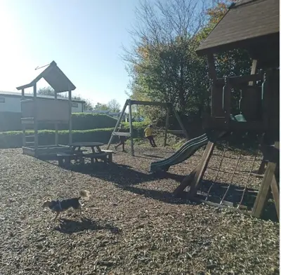 a dog standing next to a playground with a slide at Borwick Lakes Holiday Caravan (Partial Lake View) in Borwick