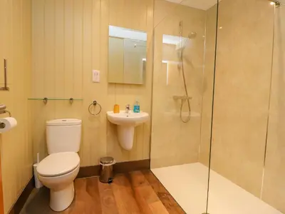 a bathroom with a toilet and a shower and a sink at Oak Lodge in Preston