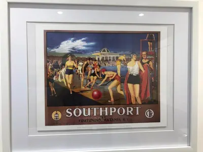 a framed picture of a recruitment poster for southernport at A secluded Garden Room in sunny Southport in Southport