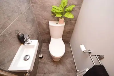 a bathroom with a toilet and a sink and a plant at #1 Most Viral Pink House w Ball Pit in Liverpool