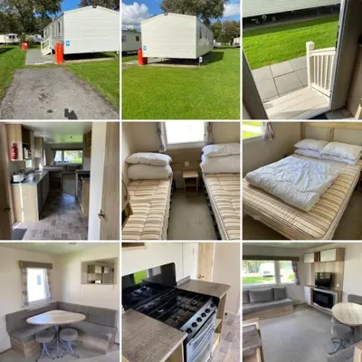 a collage of photos of a caravan with a kitchen and a house at Caravan - Sleeps up to 8 & Free parking in Grange Over Sands