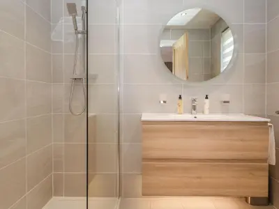 a bathroom with a shower with a sink and a mirror at Watch Tree Lodge in Grange Over Sands