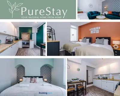 a collage of three pictures of a bedroom and a living room at Perfect Contractor House in Liverpool with 7 Beds By PureStay - 14 nights min! in Liverpool