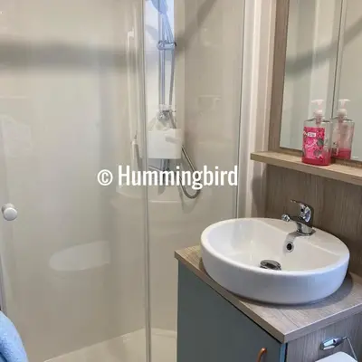 a bathroom with a sink and a shower at Hummingbird Retreat in Blackpool