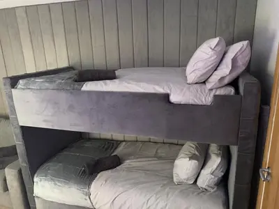 two bunk beds with pillows on top of each other at Belvedere Aparthotel - 83 Mount Pleasant in Liverpool